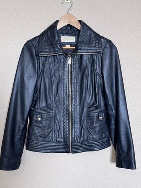 Michael Kors Black Genuine Leather Moto Gold-Tone Hardware Jacket Size Small
